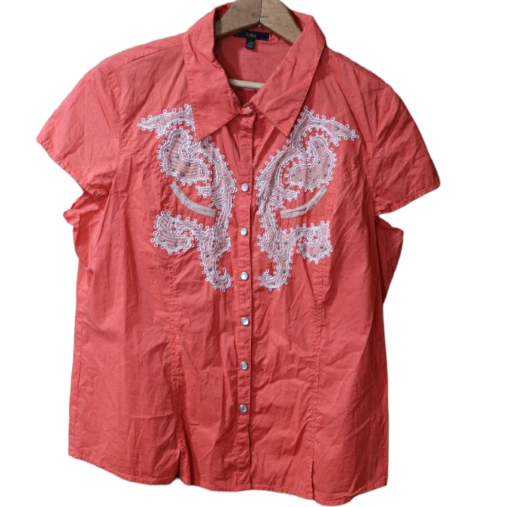 Reba Macintyre Orange Western Pearl Snap Cap Sleeve Blouse Shirt XLG